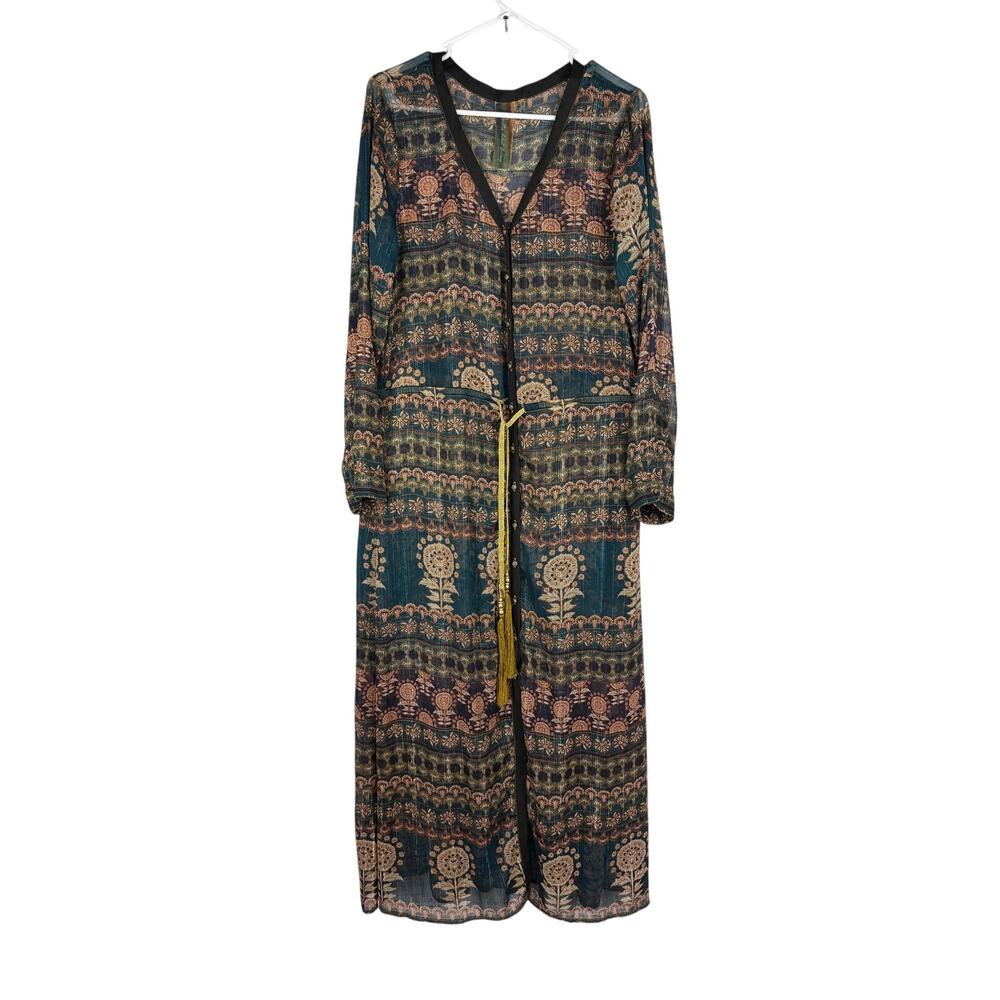 Aratta Silent Journey Floral Metallic Duster Kimono Boho Longline Cardigan Mediu
